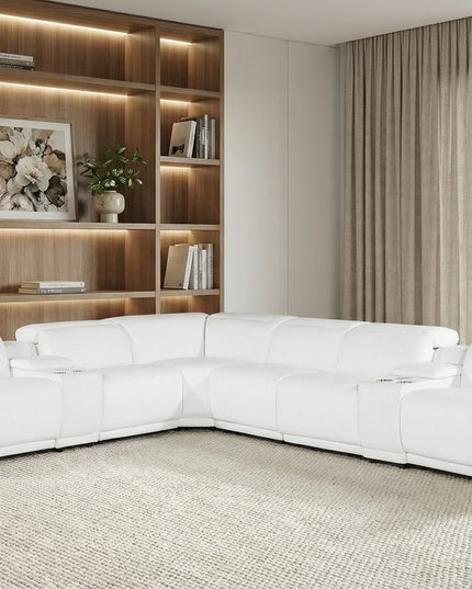 White Italian Leather Modular L Shaped Eight Piece Corner Sectional With Console