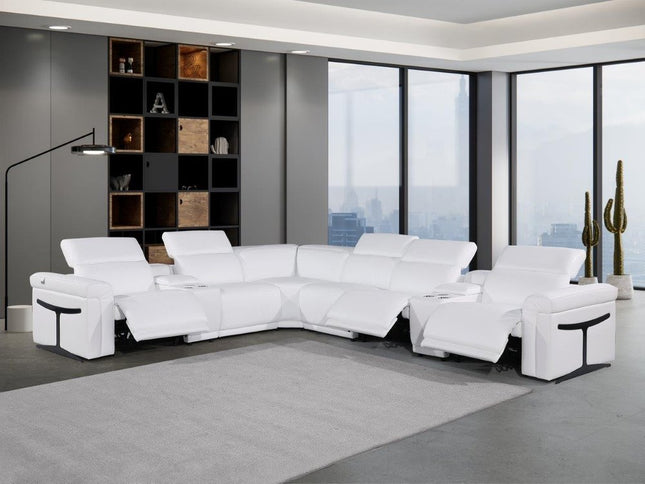 White Italian Leather Modular L Shaped Eight Piece Corner Sectional With Console