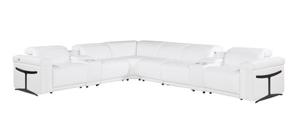 White Italian Leather Modular L Shaped Eight Piece Corner Sectional With Console