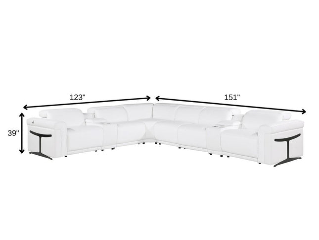 White Italian Leather Modular L Shaped Eight Piece Corner Sectional With Console