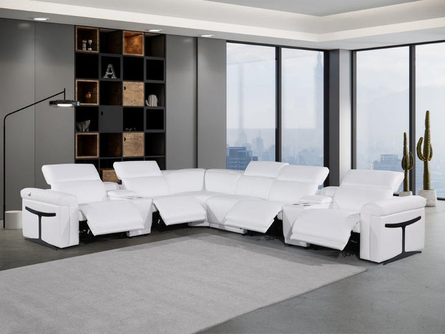 White Italian Leather Modular L Shaped Eight Piece Corner Sectional With Console