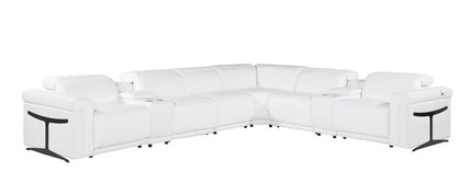 White Italian Leather Modular L Shaped Eight Piece Corner Sectional With Console