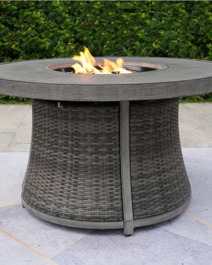 50000 BTU 42" Gray Aluminum And Rattan Propane Round Fire Pit Table With Cover
