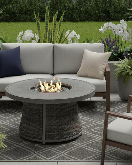 50000 BTU 42" Gray Aluminum And Rattan Propane Round Fire Pit Table With Cover