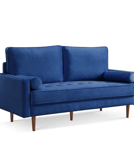 69" Blue Velvet Sofa And Toss Pillows With Dark Brown Legs
