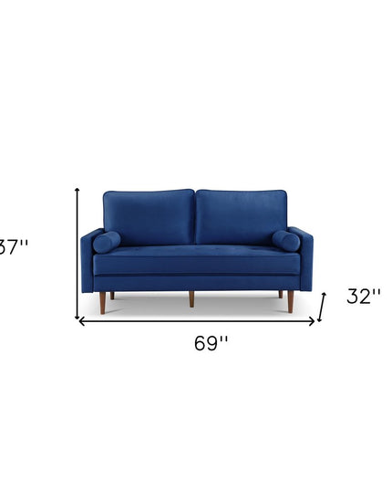 69" Blue Velvet Sofa And Toss Pillows With Dark Brown Legs