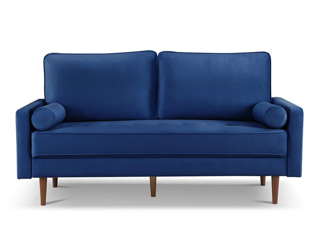 69" Blue Velvet Sofa And Toss Pillows With Dark Brown Legs