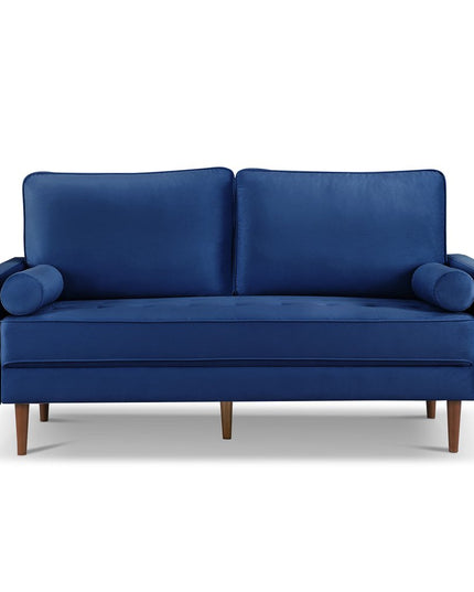 69" Blue Velvet Sofa And Toss Pillows With Dark Brown Legs