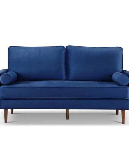 69" Blue Velvet Sofa And Toss Pillows With Dark Brown Legs