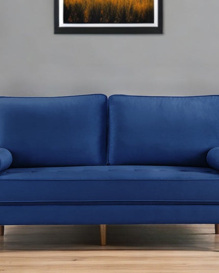 69" Blue Velvet Sofa And Toss Pillows With Dark Brown Legs