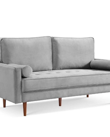 69" Gray Velvet Sofa And Toss Pillows With Dark Brown Legs