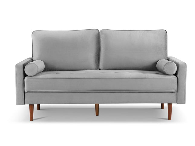 69" Gray Velvet Sofa And Toss Pillows With Dark Brown Legs