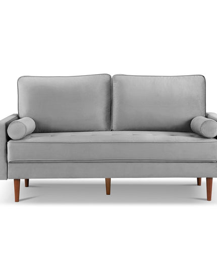 69" Gray Velvet Sofa And Toss Pillows With Dark Brown Legs