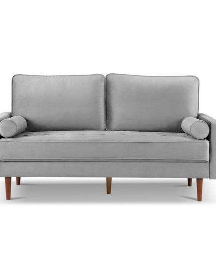 69" Gray Velvet Sofa And Toss Pillows With Dark Brown Legs