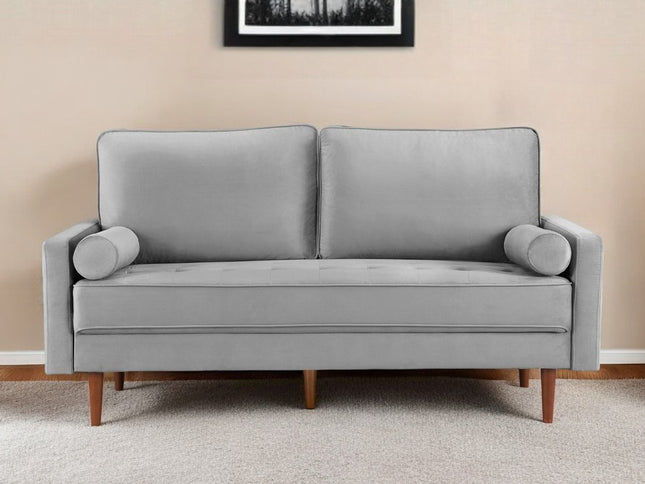 69" Gray Velvet Sofa And Toss Pillows With Dark Brown Legs