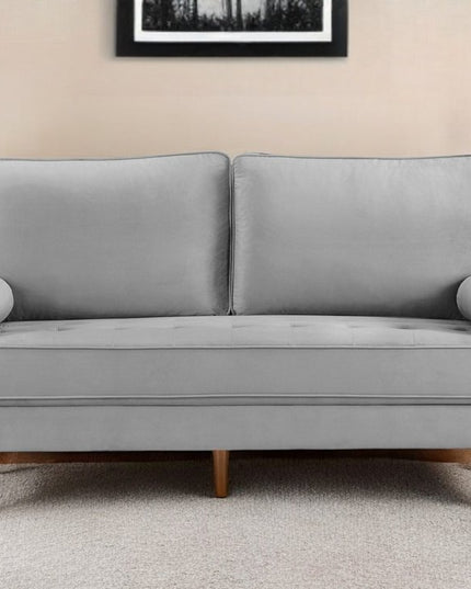 69" Gray Velvet Sofa And Toss Pillows With Dark Brown Legs