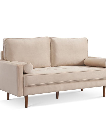 69" Beige Velvet Sofa And Toss Pillows With Dark Brown Legs