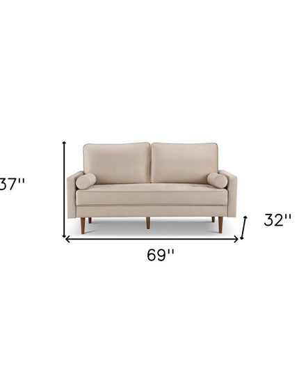 69" Beige Velvet Sofa And Toss Pillows With Dark Brown Legs