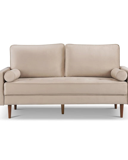 69" Beige Velvet Sofa And Toss Pillows With Dark Brown Legs