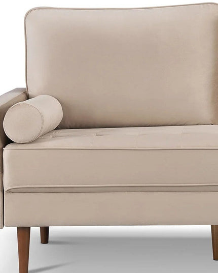 69" Beige Velvet Sofa And Toss Pillows With Dark Brown Legs