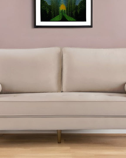 69" Beige Velvet Sofa And Toss Pillows With Dark Brown Legs