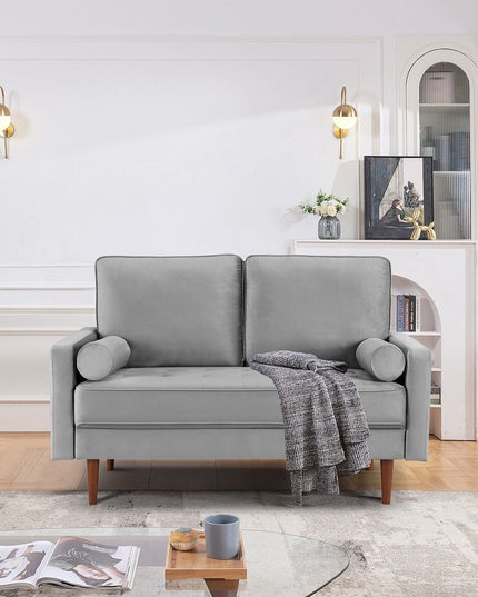 57" Gray And Dark Brown Velvet Loveseat and Toss Pillows