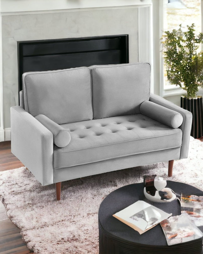 57" Gray And Dark Brown Velvet Loveseat and Toss Pillows