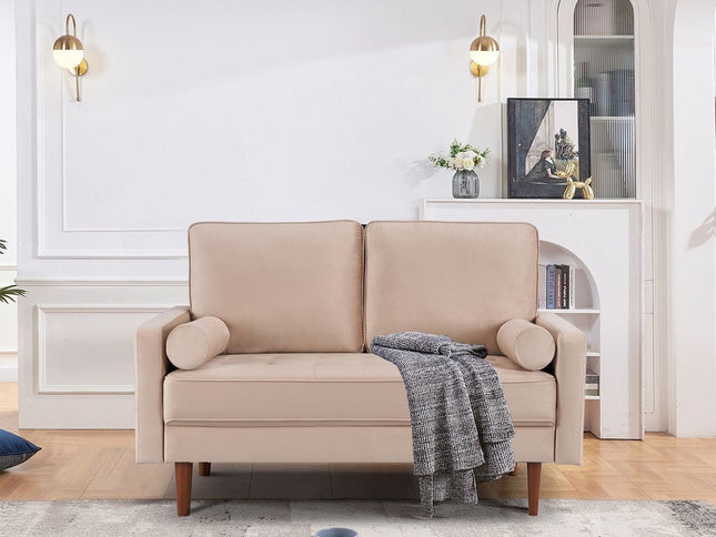 57" Beige And Dark Brown Velvet Loveseat and Toss Pillows