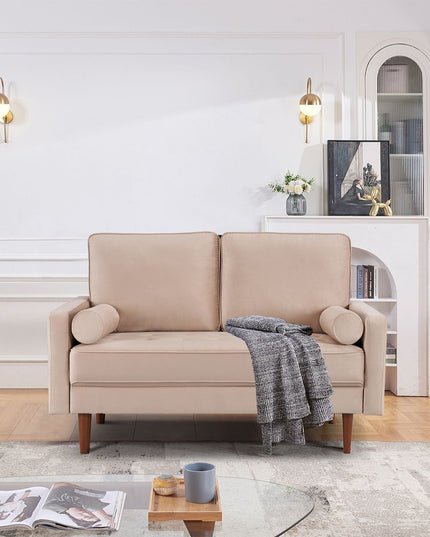 57" Beige And Dark Brown Velvet Loveseat and Toss Pillows