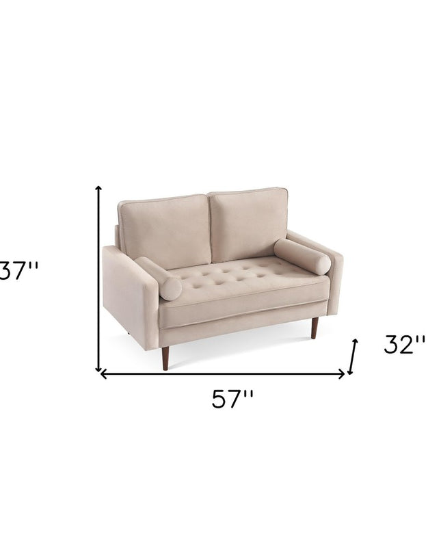 57" Beige And Dark Brown Velvet Loveseat and Toss Pillows