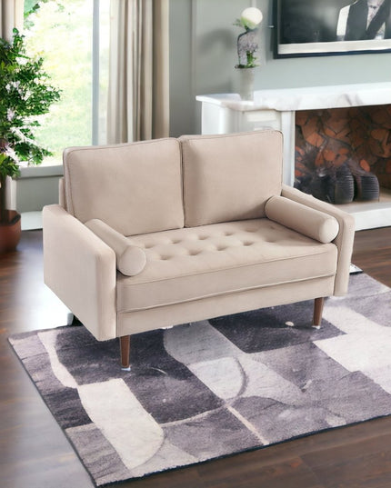 57" Beige And Dark Brown Velvet Loveseat and Toss Pillows