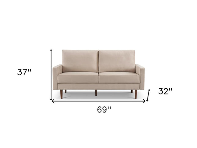 69" Beige Velvet Sofa With Dark Brown Legs