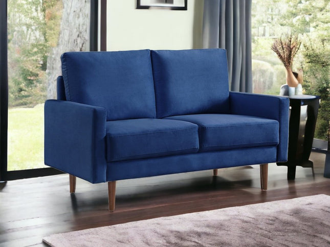 57" Blue And Dark Brown Velvet Loveseat