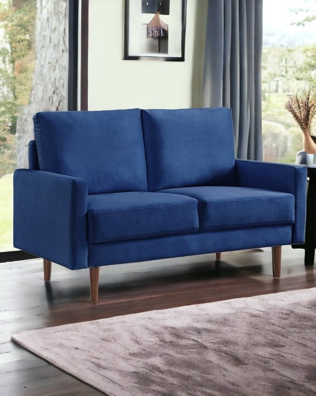 57" Blue And Dark Brown Velvet Loveseat