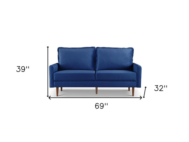 69" Blue Velvet Sofa With Dark Brown Legs