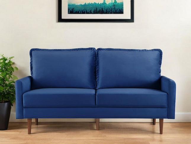 69" Blue Velvet Sofa With Dark Brown Legs