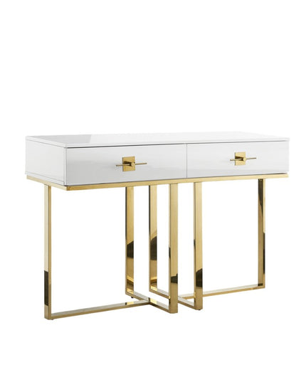 47" White Wood and Gold Stainless Steel Sled Console Table With Two Drawers