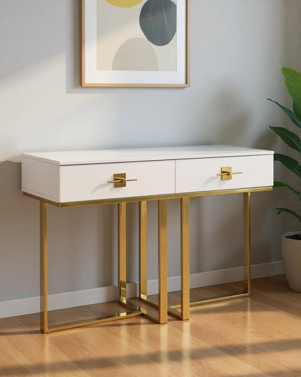 47" White Wood and Gold Stainless Steel Sled Console Table With Two Drawers