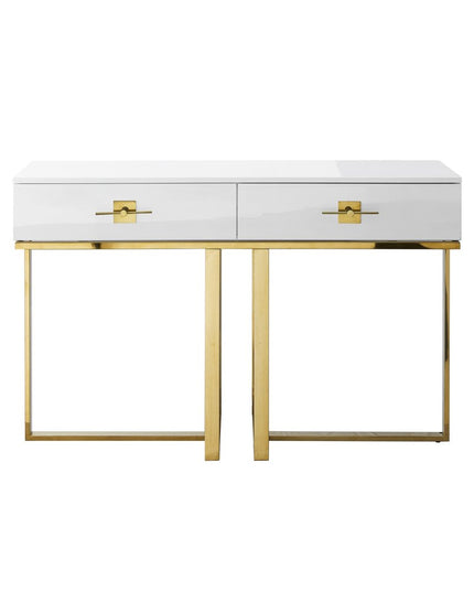 47" White Wood and Gold Stainless Steel Sled Console Table With Two Drawers