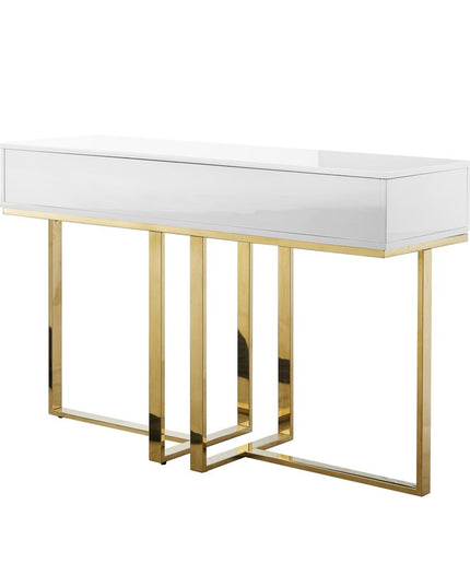 47" White Wood and Gold Stainless Steel Sled Console Table With Two Drawers