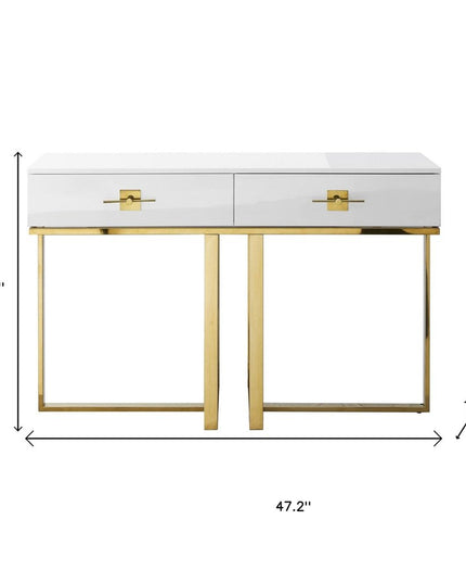 47" White Wood and Gold Stainless Steel Sled Console Table With Two Drawers
