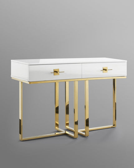47" White Wood and Gold Stainless Steel Sled Console Table With Two Drawers