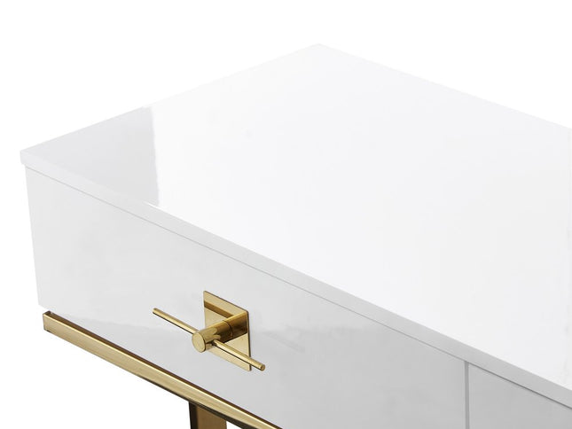47" White Wood and Gold Stainless Steel Sled Console Table With Two Drawers