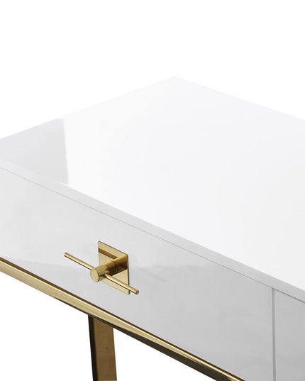 47" White Wood and Gold Stainless Steel Sled Console Table With Two Drawers