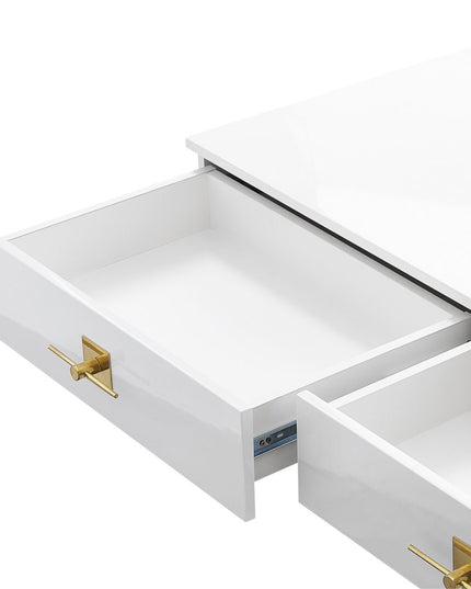 47" White Wood and Gold Stainless Steel Sled Console Table With Two Drawers