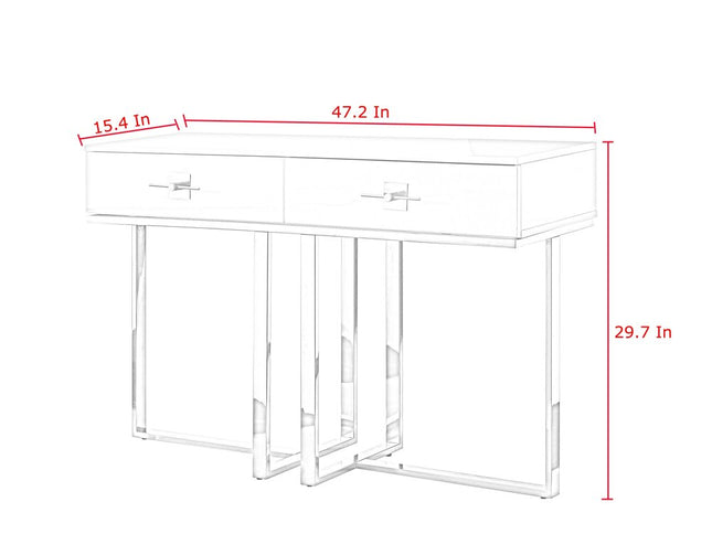 47" White Wood and Gold Stainless Steel Sled Console Table With Two Drawers