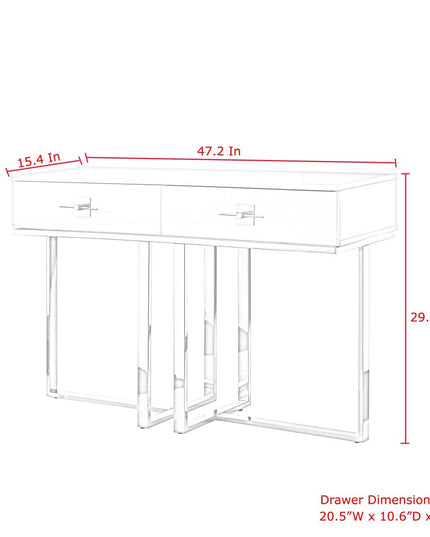 47" White Wood and Gold Stainless Steel Sled Console Table With Two Drawers