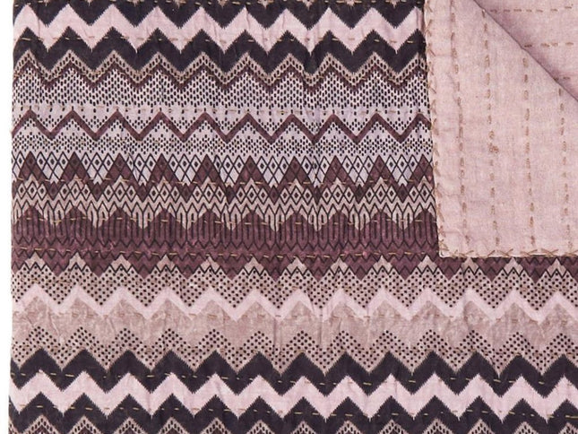 50" X 70" Black And Pink Cotton Kantha Chevron Throw Blanket