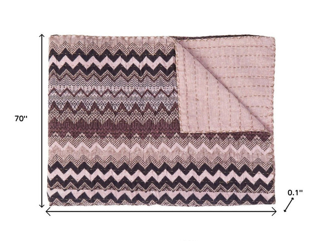 50" X 70" Black And Pink Cotton Kantha Chevron Throw Blanket