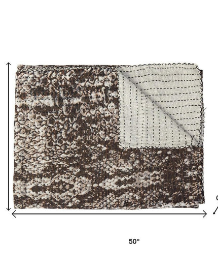 50" X 70" Brown And Ivory Cotton Quilted Kantha Throw Blanket With Embroidery